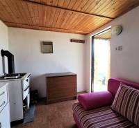 In a cozy cabin, there is a vintage stove, a wooden ceiling, and a comfortable upholstered couch.