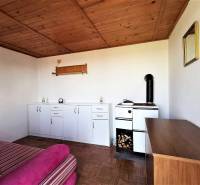 A room with a stove, cabinets, and a sofa is made cozier by the wooden ceiling of the cabin.