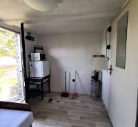 Interior of a cabin with appliances, a sofa, and a view of the outdoor nature.