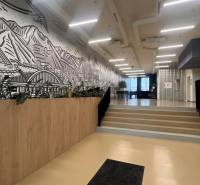 Offices with wood-patterned flooring, stairs, an armchair, and a large wall mural.