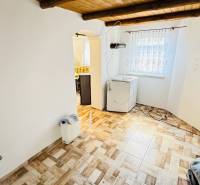 Interior of a cabin with wood-patterned flooring, washing machine, arched entrance to the kitchen.