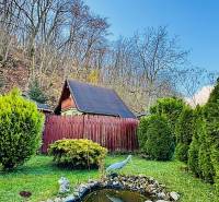A cottage in Partizánske, surrounded by a garden with an artificial pond and sculptures.