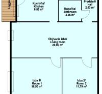Floor plan of a 3-room apartment with a kitchen, bathroom, living room, and loggia.