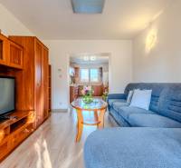 Living room in a two-room apartment with a wooden decor floor and a well-lit kitchen.