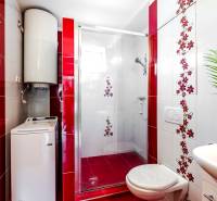 A bathroom with red and white tiles, a shower corner, and a washing machine in a 2-room apartment.
