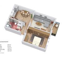Floor plan of a 2-room apartment with wood-patterned flooring and a balcony.