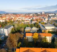 Aerial view of buildings and parks in Prešov on Tarasa Ševčenka Street.