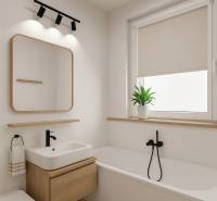 A bathroom in a 4-room apartment with a bathtub, a black faucet, and wooden elements.