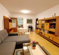Living room in a 4-room apartment with a sofa, dining table, and wooden decor flooring.