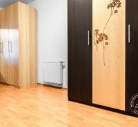A wardrobe with a floral pattern and a floor with a wooden decor in a studio apartment.