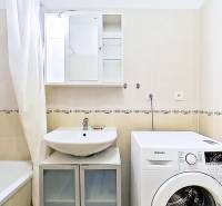 Bathroom in a studio apartment with a washing machine, sink, cabinet, and bathtub.