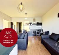 Living room in a studio apartment with a kitchen and a wooden decor floor.