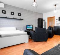 A studio apartment with a bed, sofa, kitchen, television, and a wooden-patterned floor.