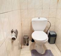 A toilet with ceramic tiles and a wooden decor floor in a 3-room apartment.