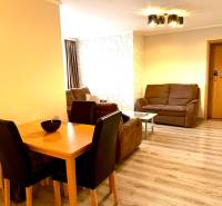 3-room apartment with wood-patterned flooring, comfortable furniture, and a dining table.