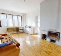 Living area with a sofa, fireplace, and wooden decor flooring in a family house.
