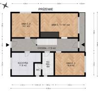 The ground floor plan of the family house shows rooms, a kitchen, and a hallway with a wooden decor floor.