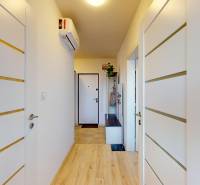 White hallway with entrance doors, wooden decor flooring, and air conditioning, 3-room apartment.
