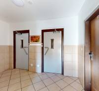 A hallway with multiple doors and a painting in a 3-room apartment, tiled floor.