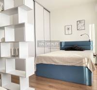 Interior of a 1-room apartment with a bed, white shelving unit, and wood-patterned flooring.