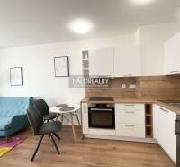 A kitchen in a studio apartment with a wood-patterned floor and light-colored furniture.
