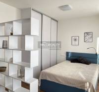 A bedroom in a studio apartment with a shelving partition and a floor bed with a wooden decor.