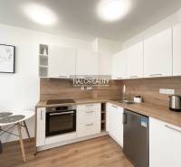 A kitchen in a studio apartment with light furniture and a wooden decor floor.