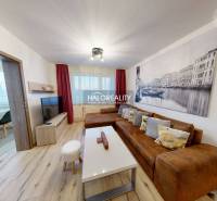 Living room in a two-room apartment with a brown sofa and a wooden decor floor.