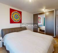Bedroom in a 2-room apartment with a wooden decor floor and a colorful painting.