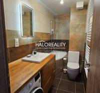 Bathroom in a 2-room apartment with a shower corner and a floor with a wooden decor.