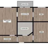 Floor plan of a 3-room apartment with a hallway, kitchen, and balcony; floor with wooden decor.