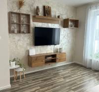 Living room in a 3-room apartment with a wooden decor floor, a mounted TV, and decorations.