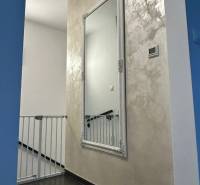 A hallway with a mirror and a safety gate in a 3-room apartment.