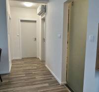 A hallway in a 3-room apartment with a wooden decor floor and air conditioning.