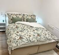 A bedroom in a 2-room apartment with floral bedspreads and a wooden decor floor.