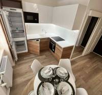 A kitchen in a 2-room apartment with a wooden decor floor and a dining table.