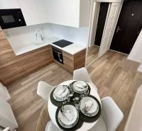 A kitchen in a 2-room apartment with a wood-patterned floor and a dining table.