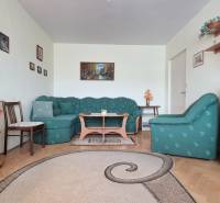 Living room in a two-room apartment with a sofa, carpet, and furniture with a wooden decor.