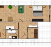 Floor plan of a 2-room apartment with wood-patterned flooring and furnishings.