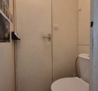 A bathroom in a 2-room apartment with black tiles and a floral patterned rug.
