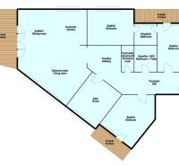 Floor plan of a five or more room apartment with a terrace, including a living room and kitchen.