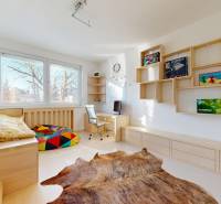A children's room in a 5 or more room apartment with a bed, carpet, and decorative shelves.