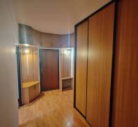 Entrance hallway in a 3-room apartment with a wooden decor floor and built-in wardrobes.