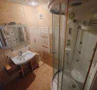 Bathroom in a 3-room apartment with a corner shower, mirror, and sink.