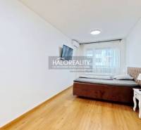 A bedroom in a two-room apartment with a bed, a nightstand, and a television, has a floor with a wood decor.