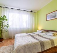A bright bedroom in a 4-room apartment with wood-patterned flooring and green walls.