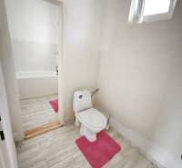 Bathroom in a family house with a toilet, bathtub, and floor with a wooden decor.