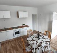 Kitchen and dining area with wood-patterned flooring in a family house.