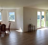 Interior of a family house with a wooden decor floor, windows, and furniture.