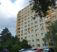 An apartment building in Bratislava-Dúbravka on Homolova Street, surrounded by trees and a parking lot.